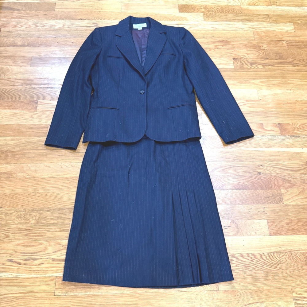 Pacesetter Navy Blue Pinstripe Pure Wool Skirt Suit Set Size 12 Made in Korea